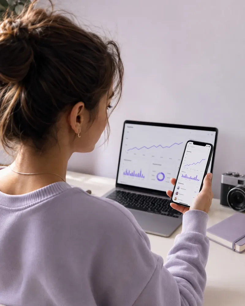 A creator checking her Instagram growth on a laptop and phone