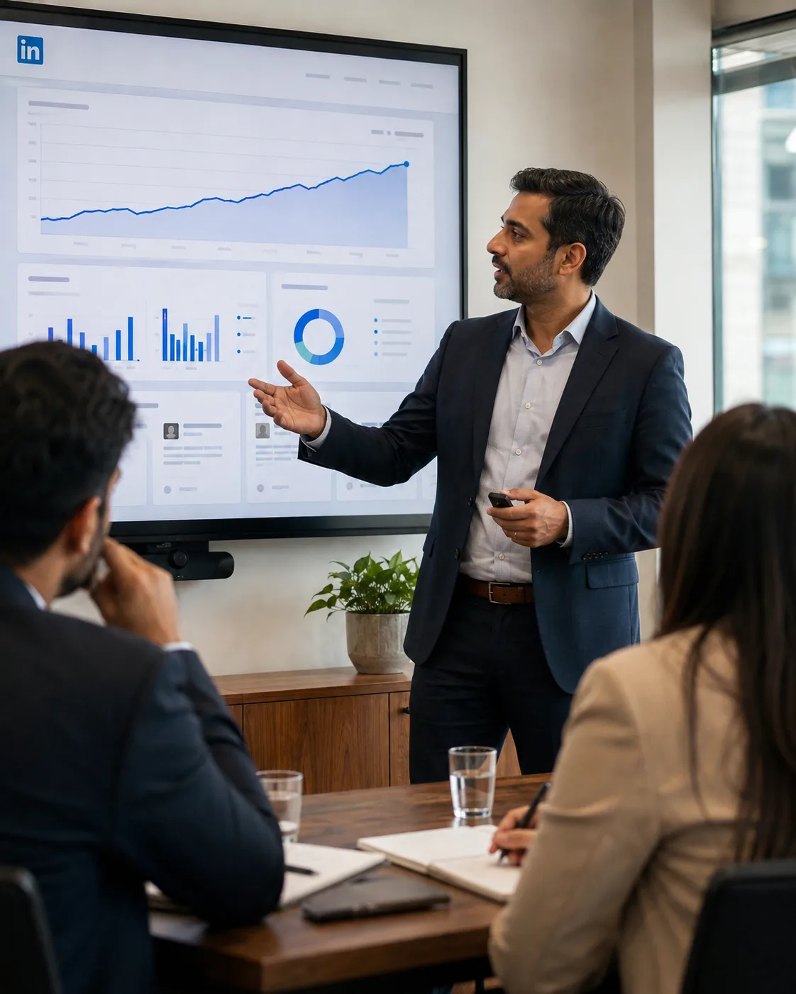 Professional presenting a LinkedIn analytics dashboard to colleagues in a meeting room