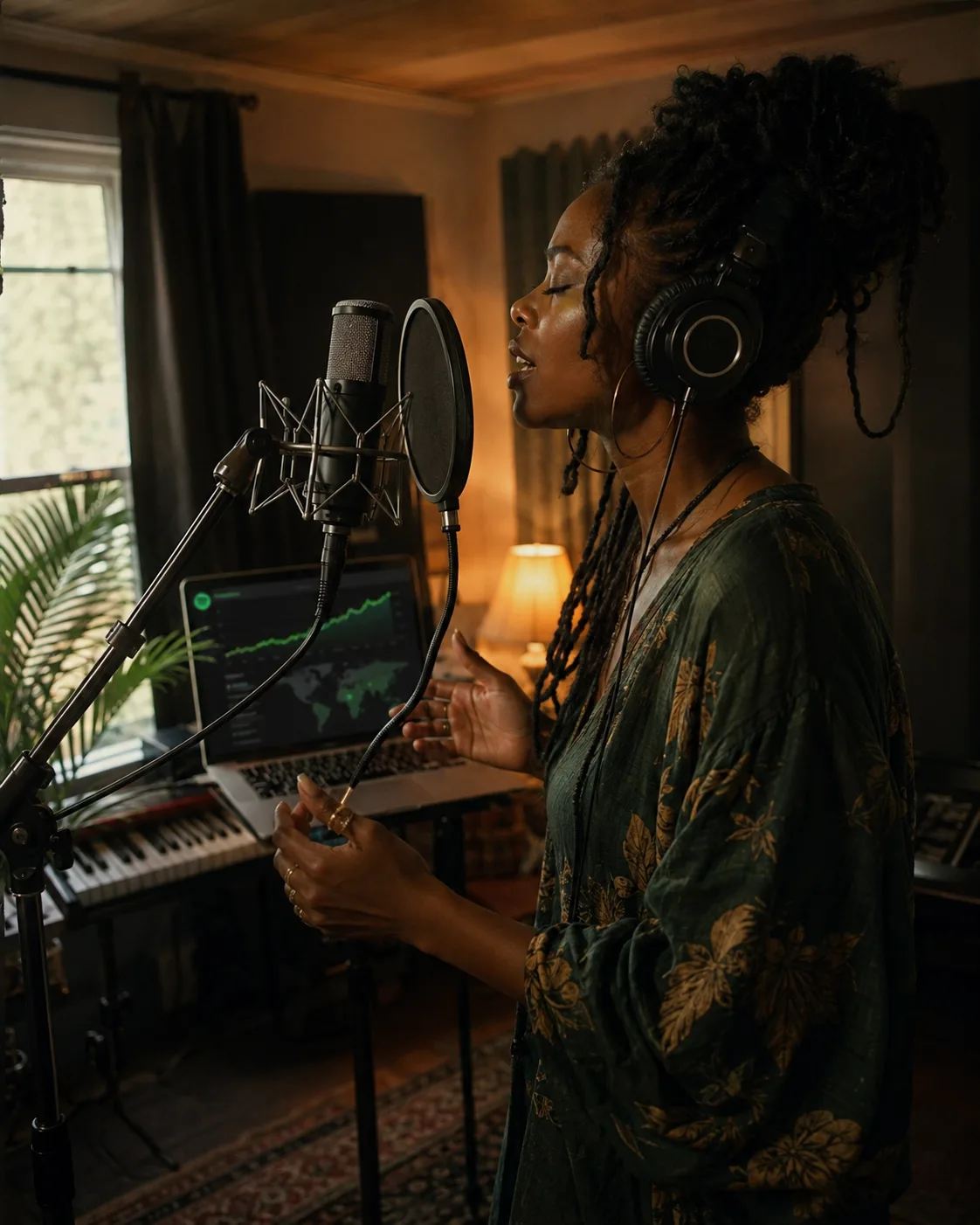 Singer recording in a home studio with Spotify for Artists listener growth on the laptop