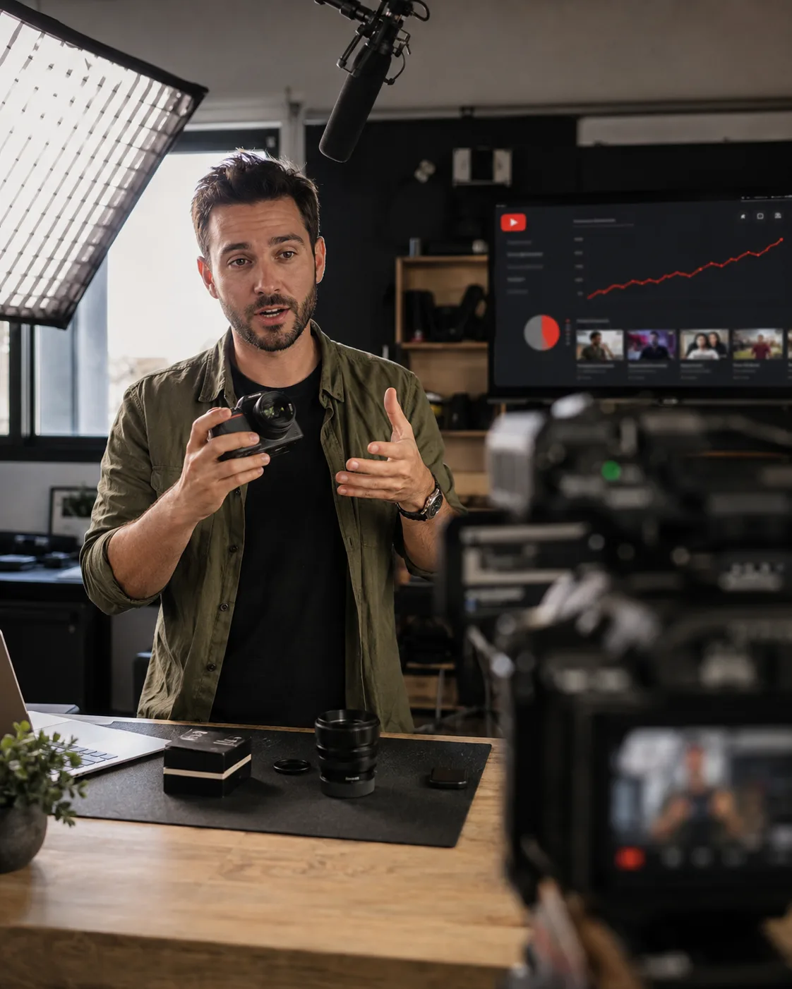 Video creator recording to camera with a YouTube analytics dashboard on the screen behind him