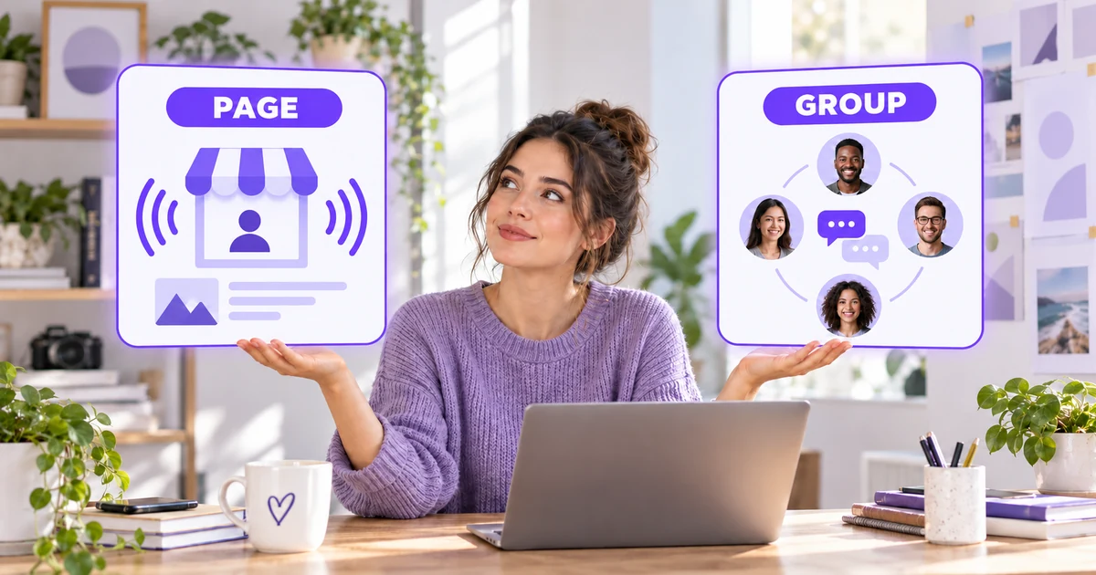 A small-business creator comparing a public Facebook Page with a member-focused Facebook Group.