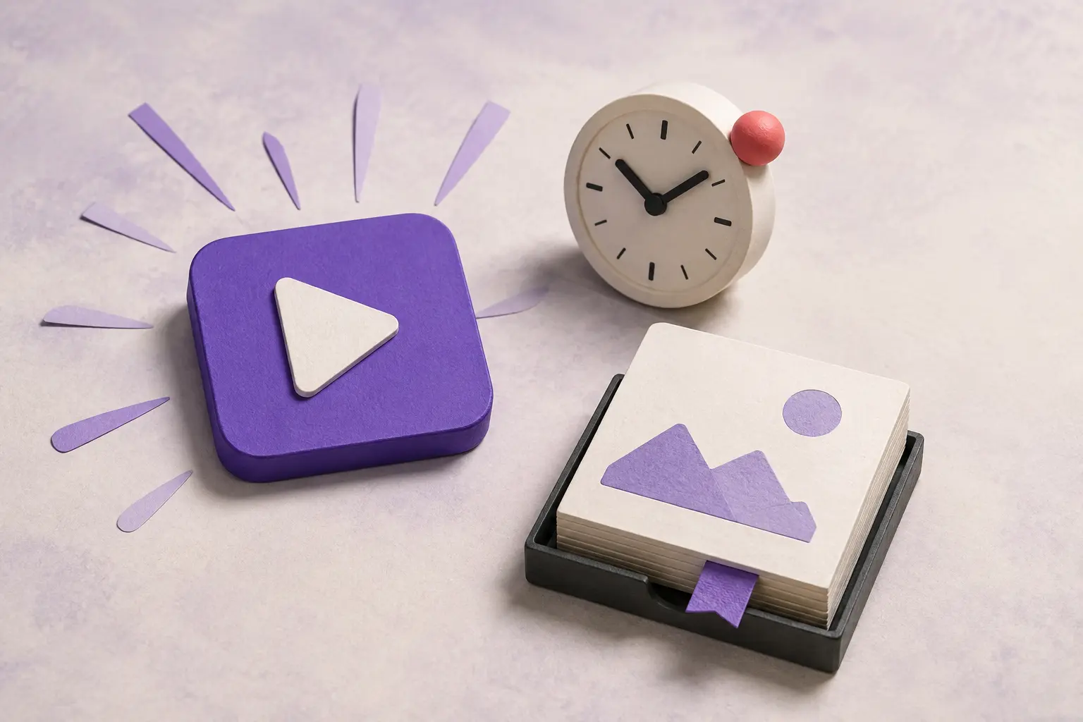 A violet play tile, a 24-hour clock card and a durable post card arranged as three distinct content tools