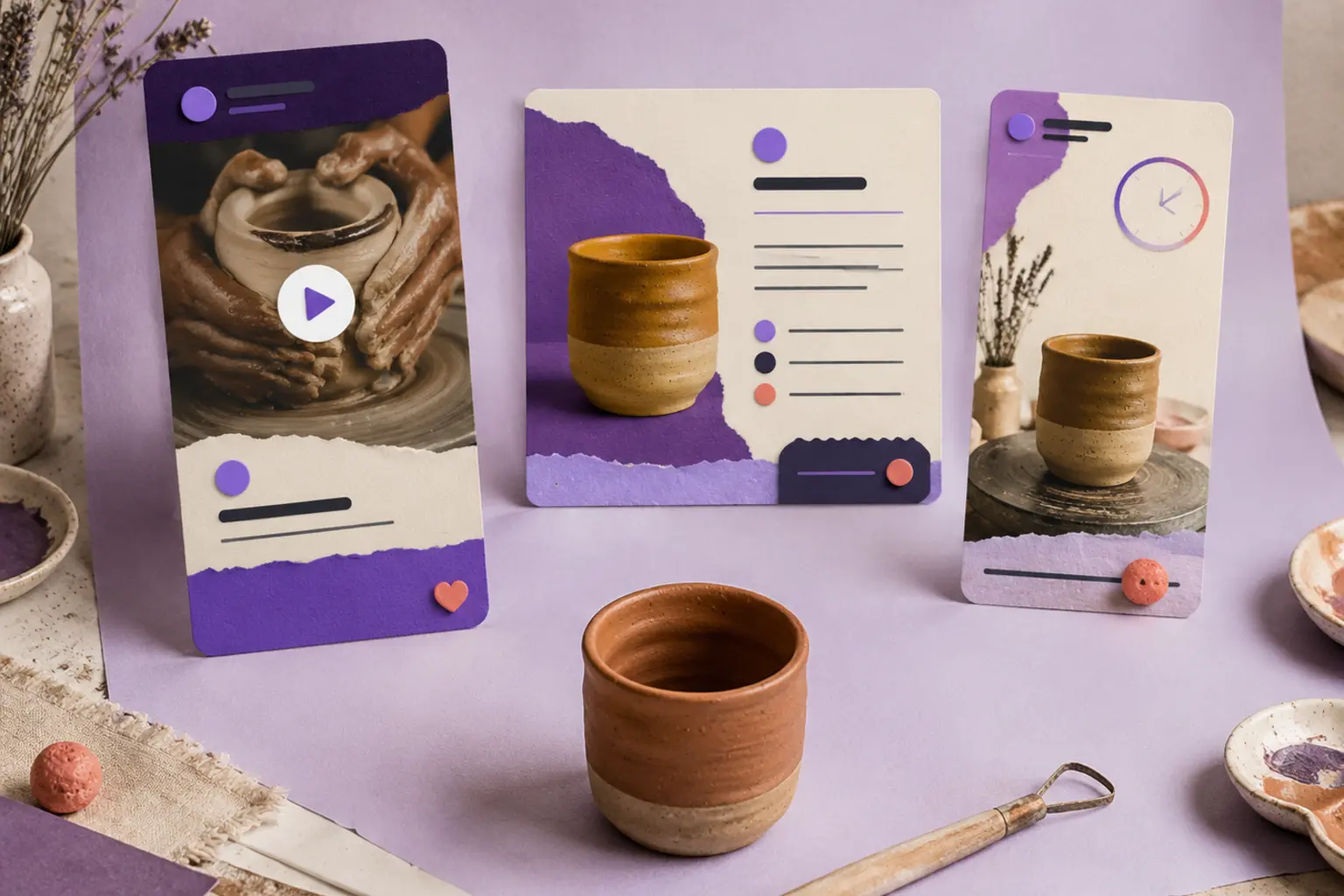 One pottery workshop idea adapted into a moving Reel card, a detailed feed notice and a short Story reminder