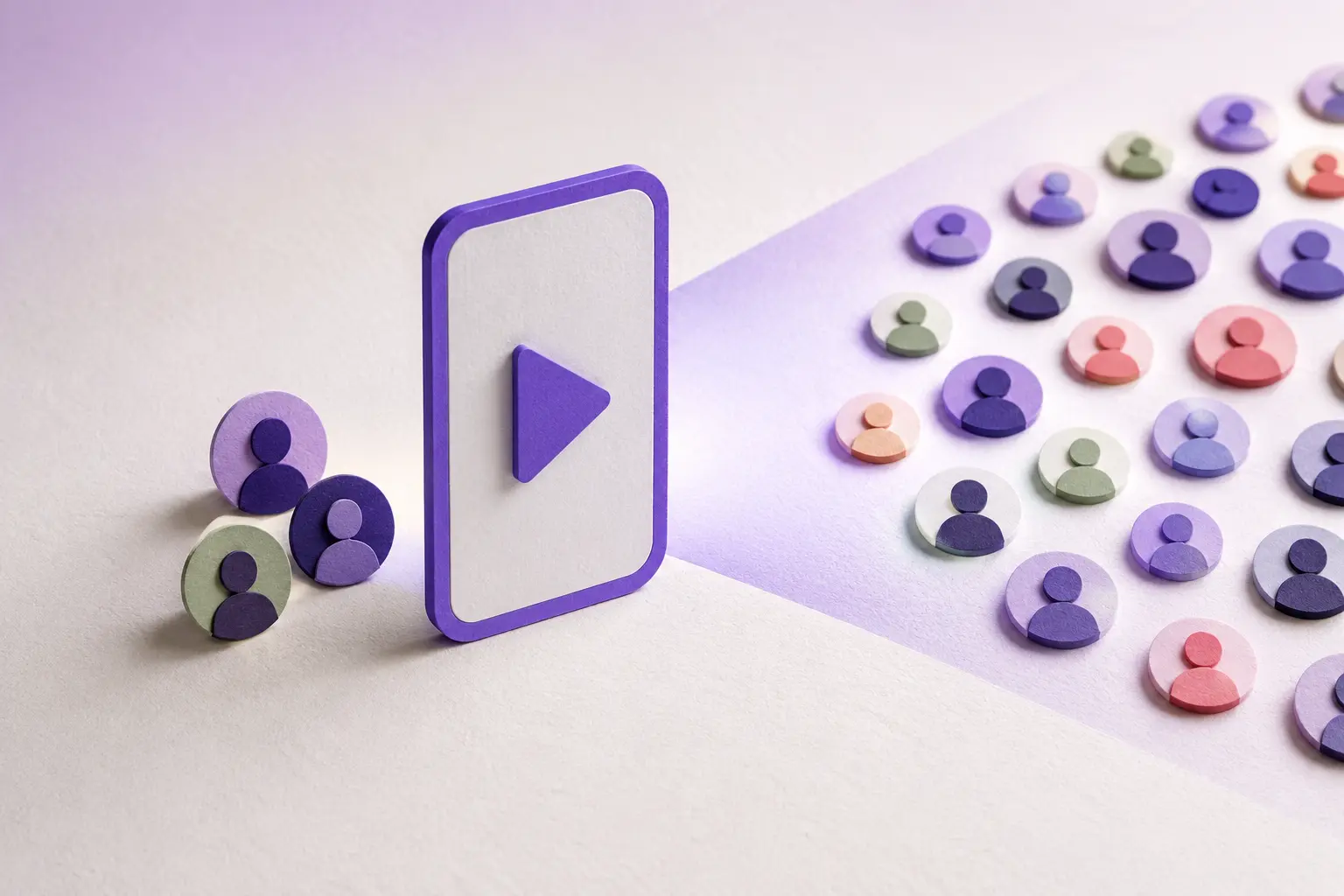 A vertical video card moving from a familiar audience cluster toward a wider field of new profile markers