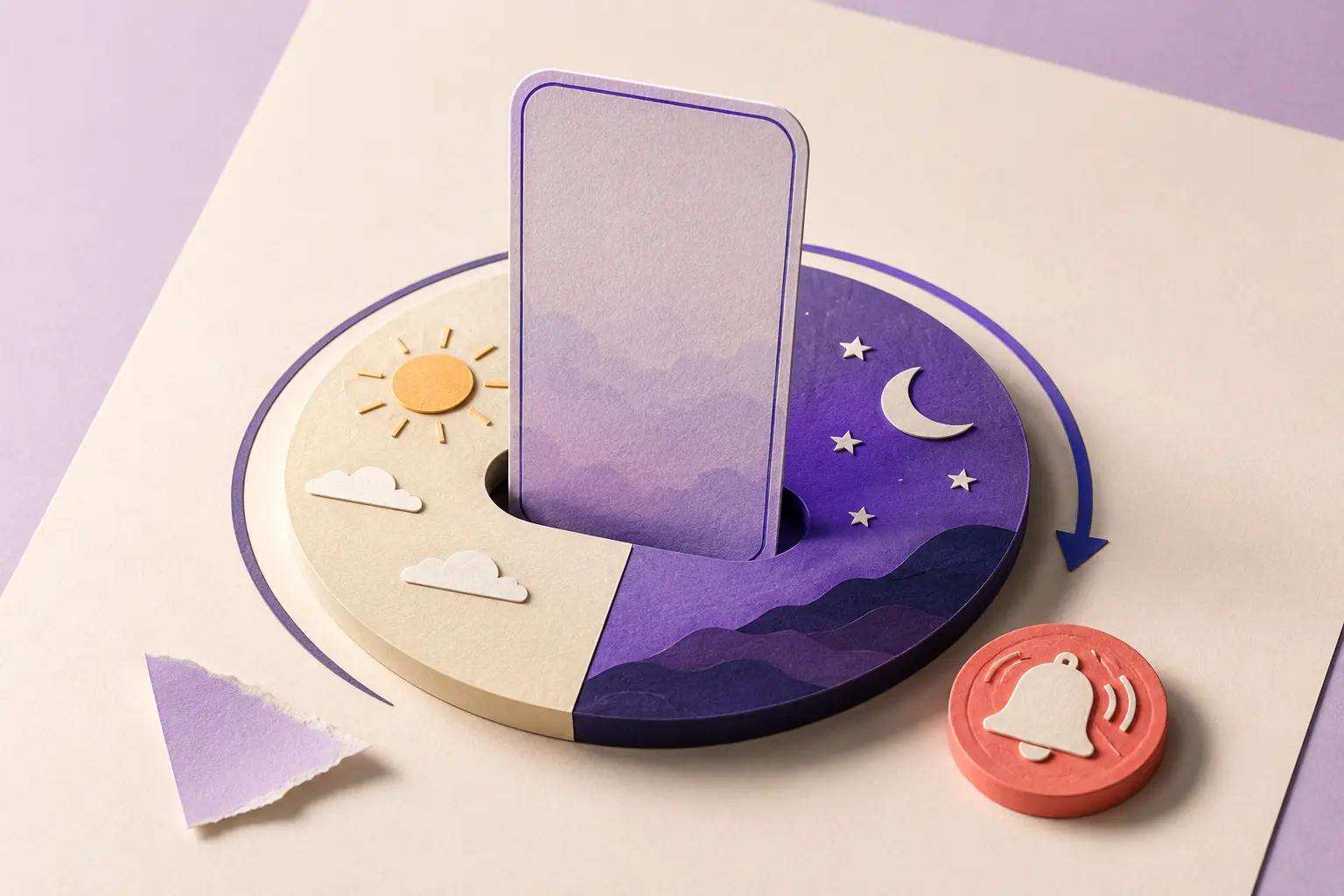 A temporary vertical Story card beside a tactile 24-hour clock and a same-day reminder token