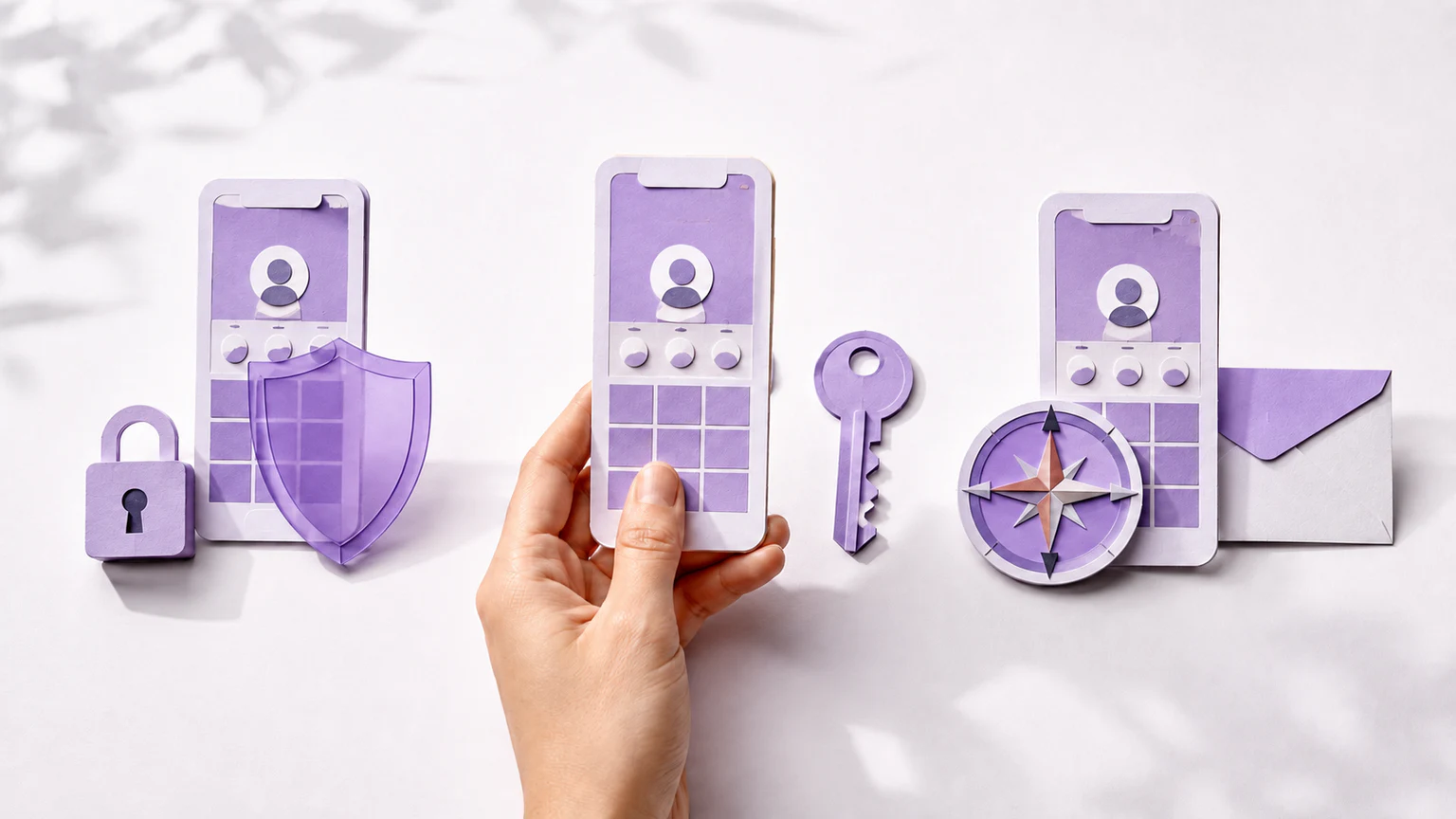 A smartphone, security shield and separate access key representing different account-access models