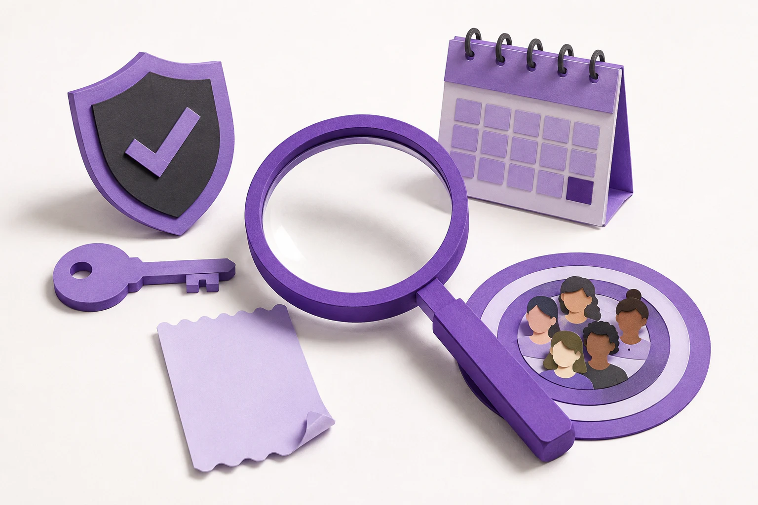 A magnifying glass inspecting a shield, access key, renewal calendar, receipt and audience target