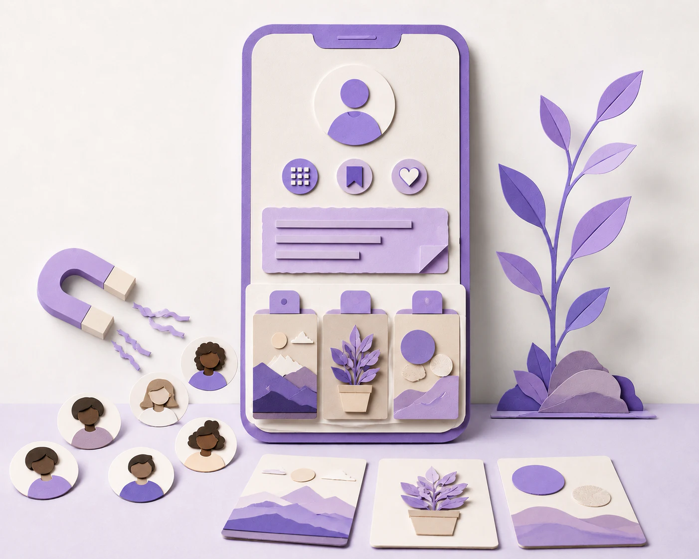 A polished Instagram profile card beside a content stack and audience symbols on a clean studio surface
