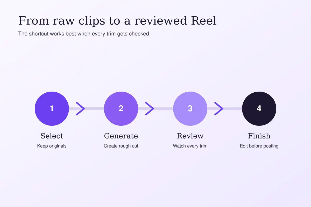 Four-step workflow from selecting clips to generating, reviewing and finishing a Reel edit