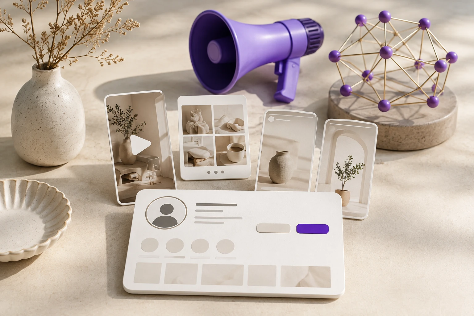 A social profile, content cards, megaphone and audience network arranged on a studio surface