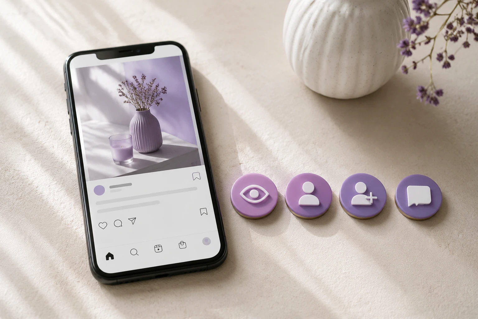 A smartphone and social-media symbols representing reach, profile visits, follows and enquiries