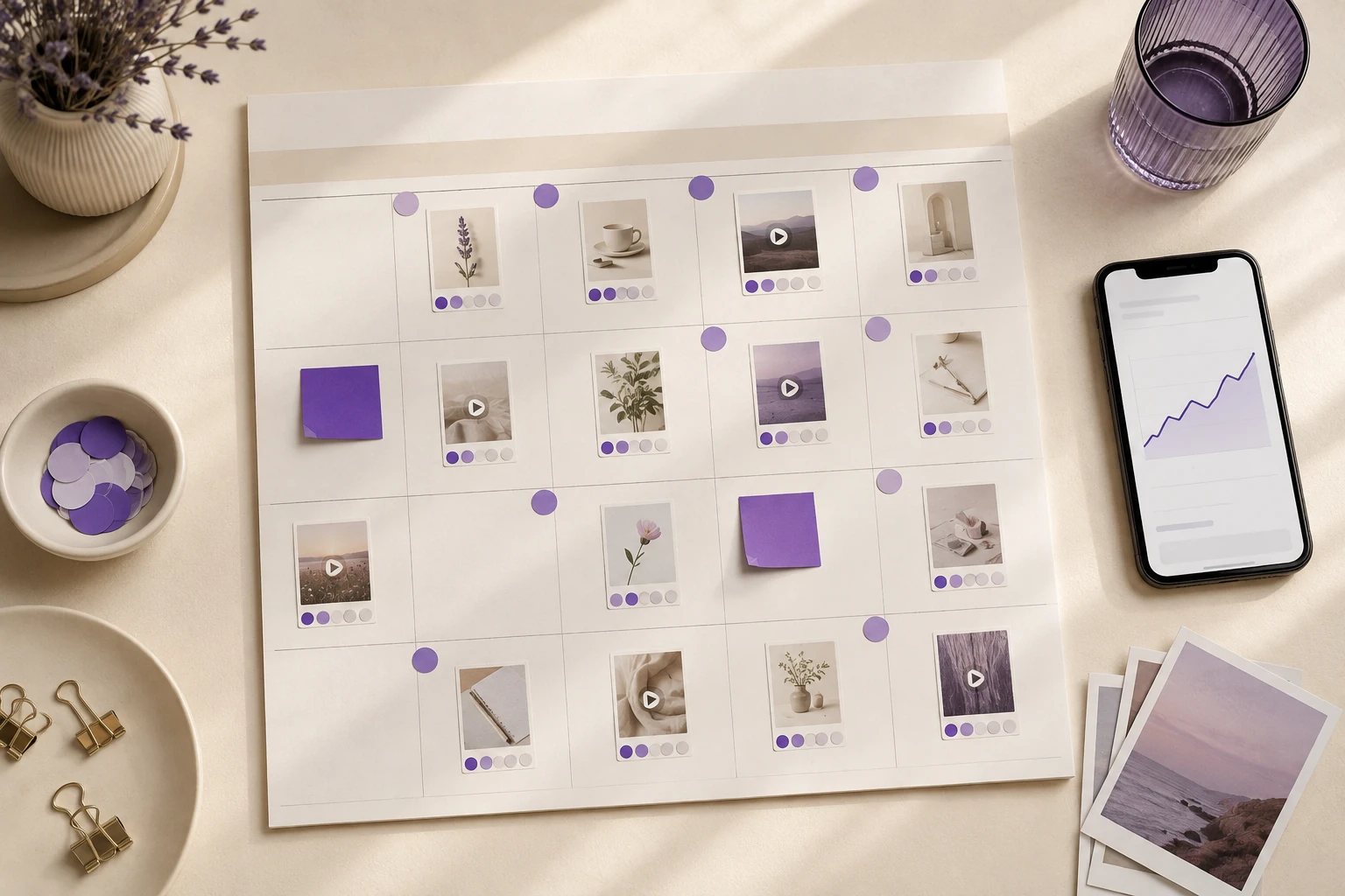 A monthly Instagram content calendar beside a phone displaying an analytics trend