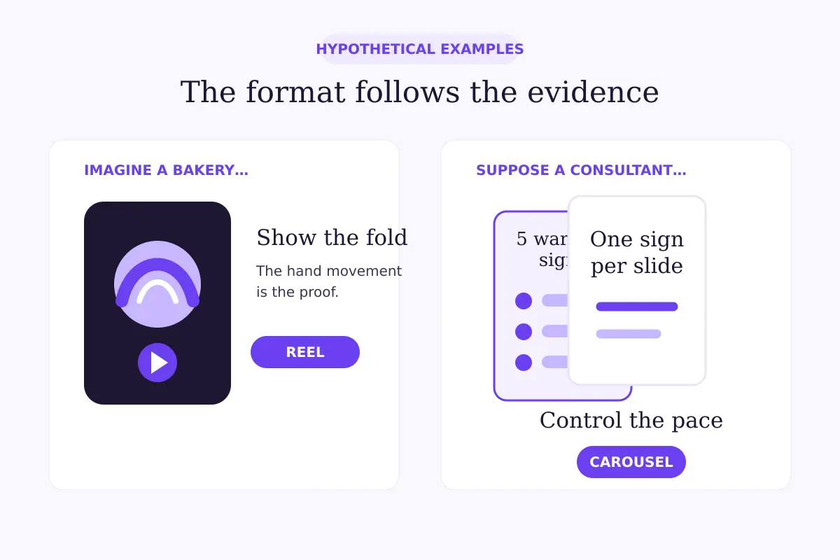 Two clearly labelled hypothetical examples: a bakery showing a dough fold as a Reel, and a consultant listing warning signs one per carousel slide.
