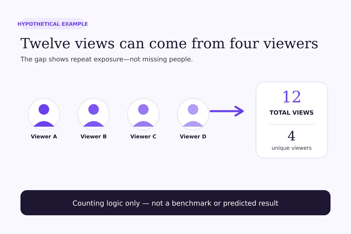 Hypothetical example showing four unique viewers producing 12 total views, with a note that the figures are not a benchmark.