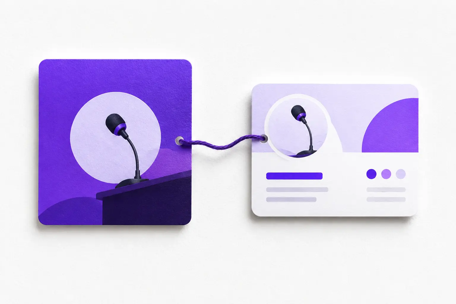 A social post card and professional profile card connected by the same violet microphone thread
