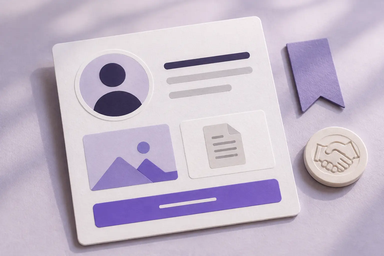 A tactile professional profile card with headline, work sample, featured document and trust tokens