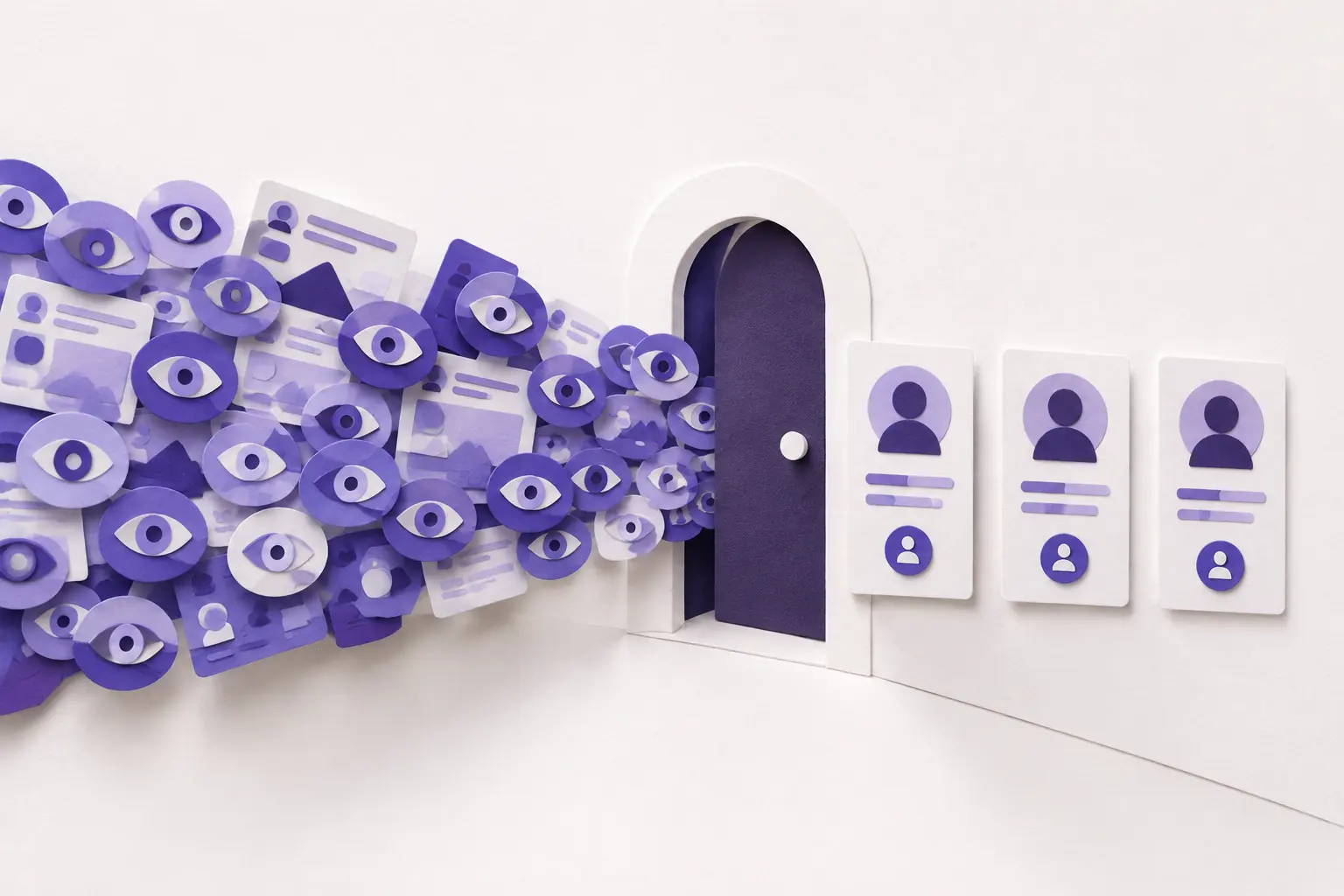 Many eye and feed tokens meeting a narrow doorway that allows only three profile cards through