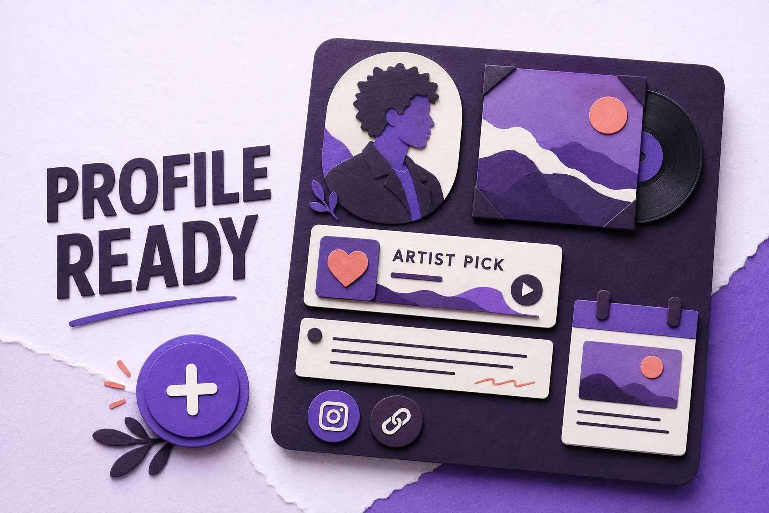 Complete artist profile board with current artwork, Artist Pick, bio, social links and a follow symbol