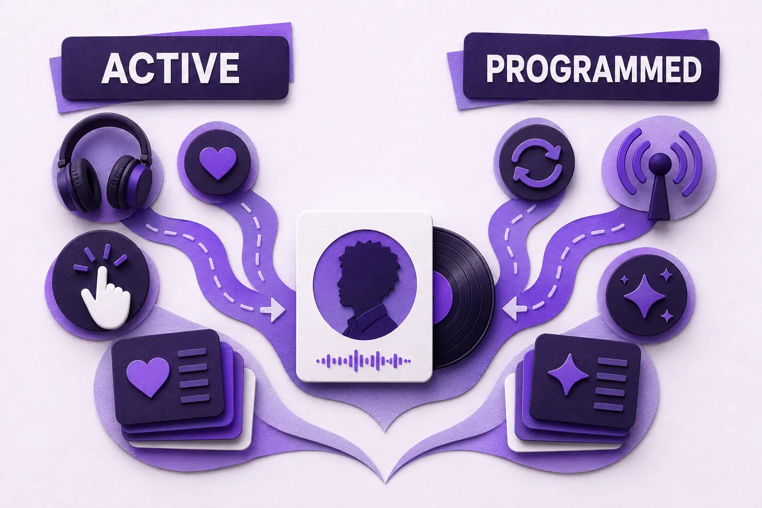 Two paper-crafted routes showing active listening and programmed listening leading to the same artist profile
