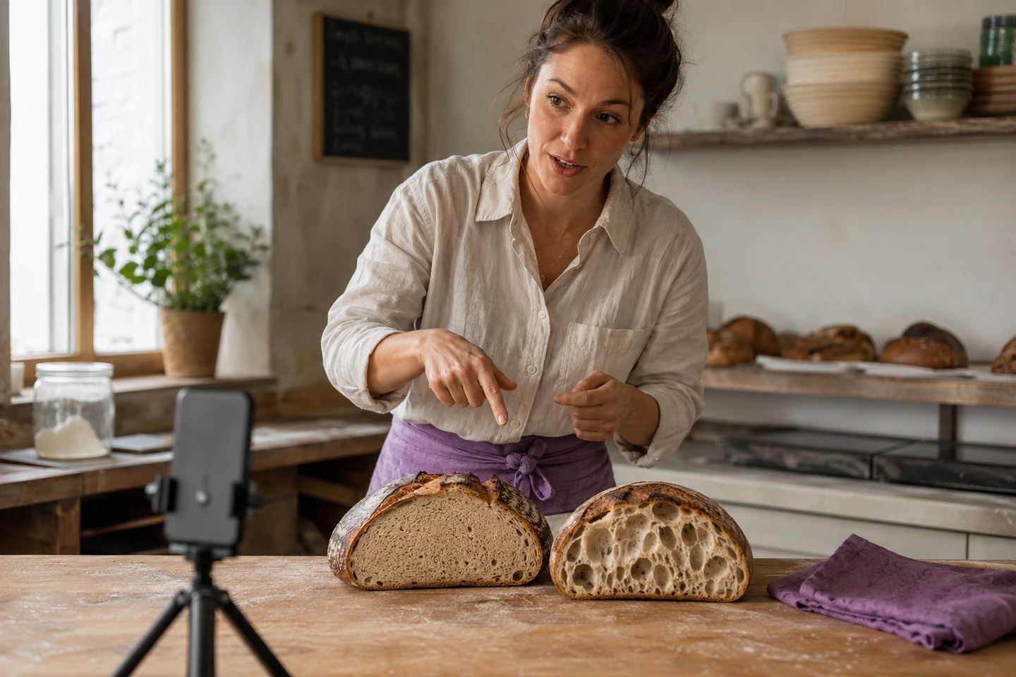 Baker filming a side-by-side demonstration of dense and airy sourdough loaves