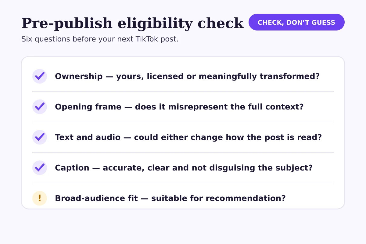 Pre-publish checklist covering ownership, opening context, text, audio, caption accuracy and broad-audience suitability.