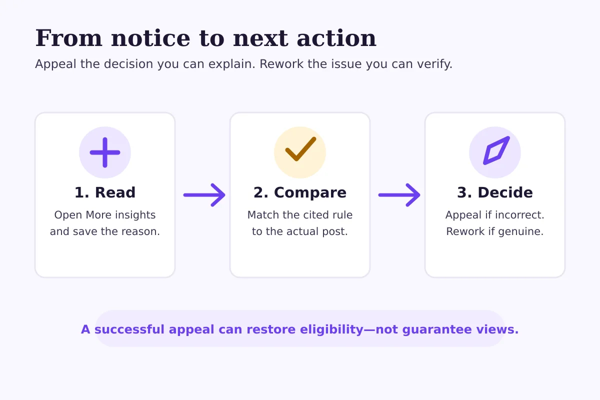 Three-step appeal path: read the notice, compare the cited rule with the post and decide whether to appeal or rework it.