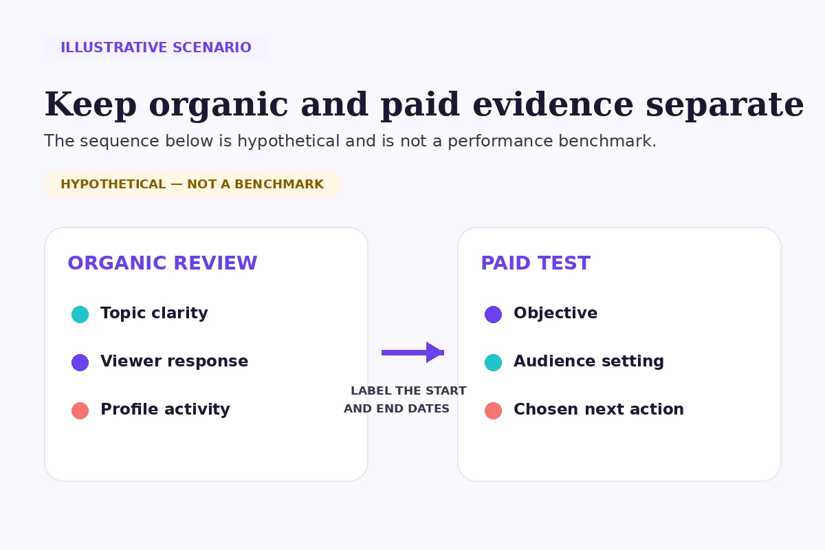 Hypothetical sequence separating an organic review from a paid TikTok test and its selected action