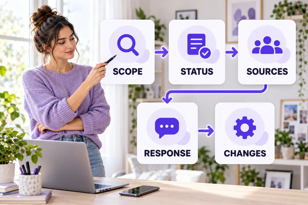 Five-stage TikTok view-drop diagnosis moving from scope and status to distribution, viewer response and recent changes
