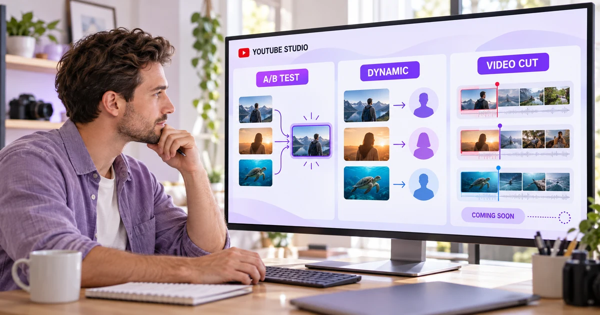 Creator comparing YouTube A/B tests, dynamic thumbnails and upcoming video-cut testing on a studio monitor