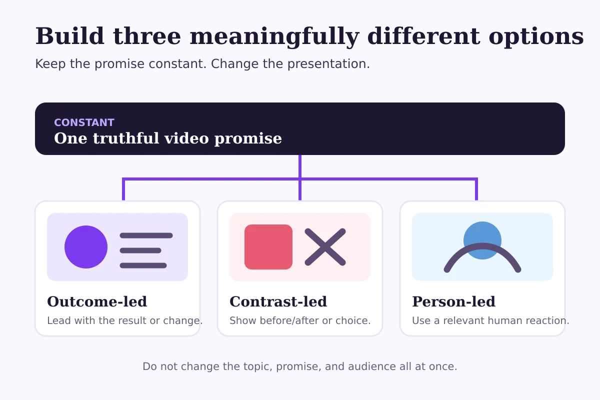 Framework for creating outcome-led, contrast-led and person-led thumbnail options around one truthful video promise