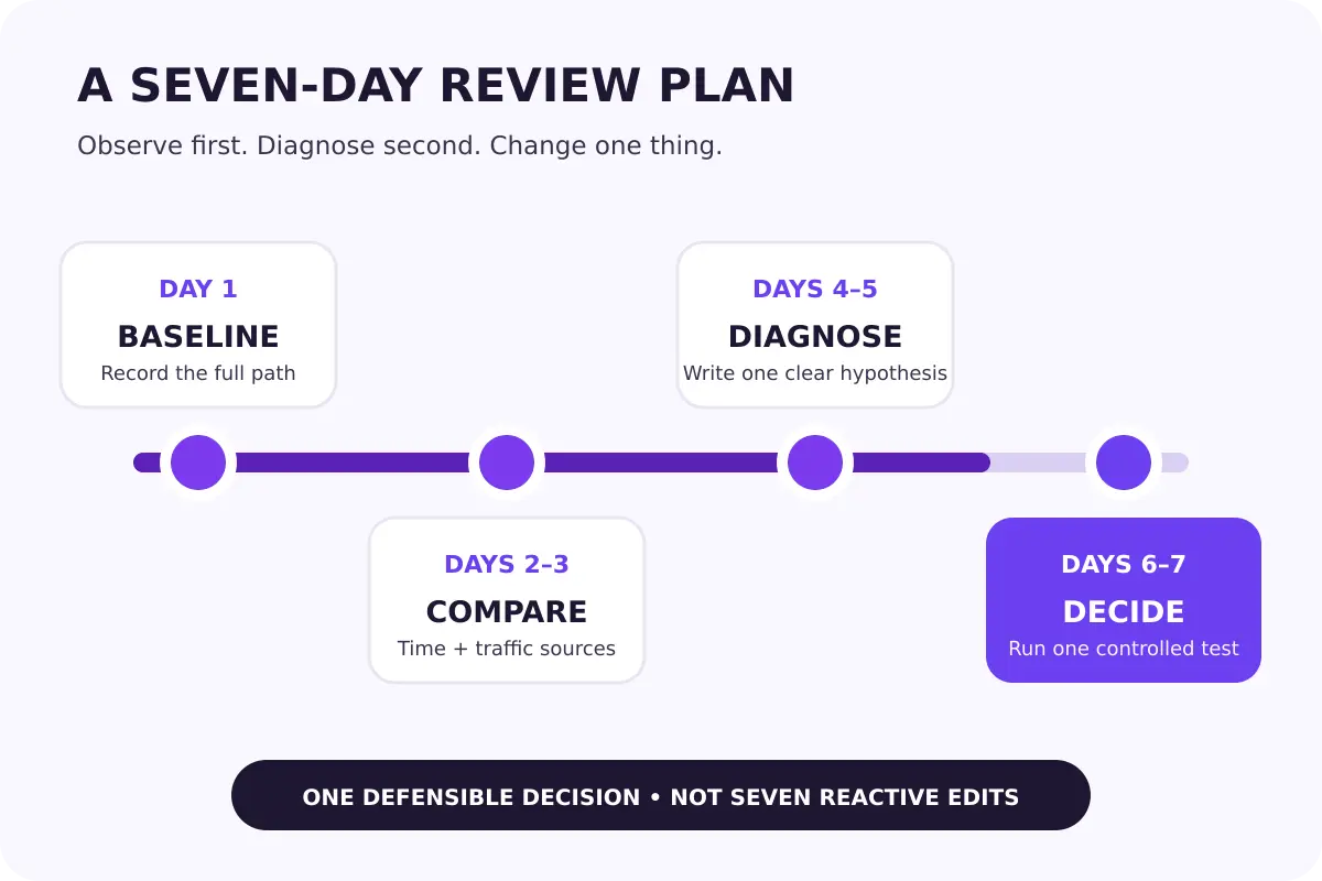 Seven-day YouTube review plan moving from baseline measurement to comparison, diagnosis and one controlled test