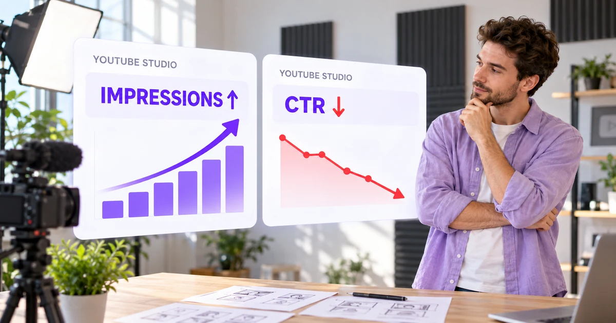 Creator comparing rising YouTube impressions with a falling click-through rate in a bright video studio