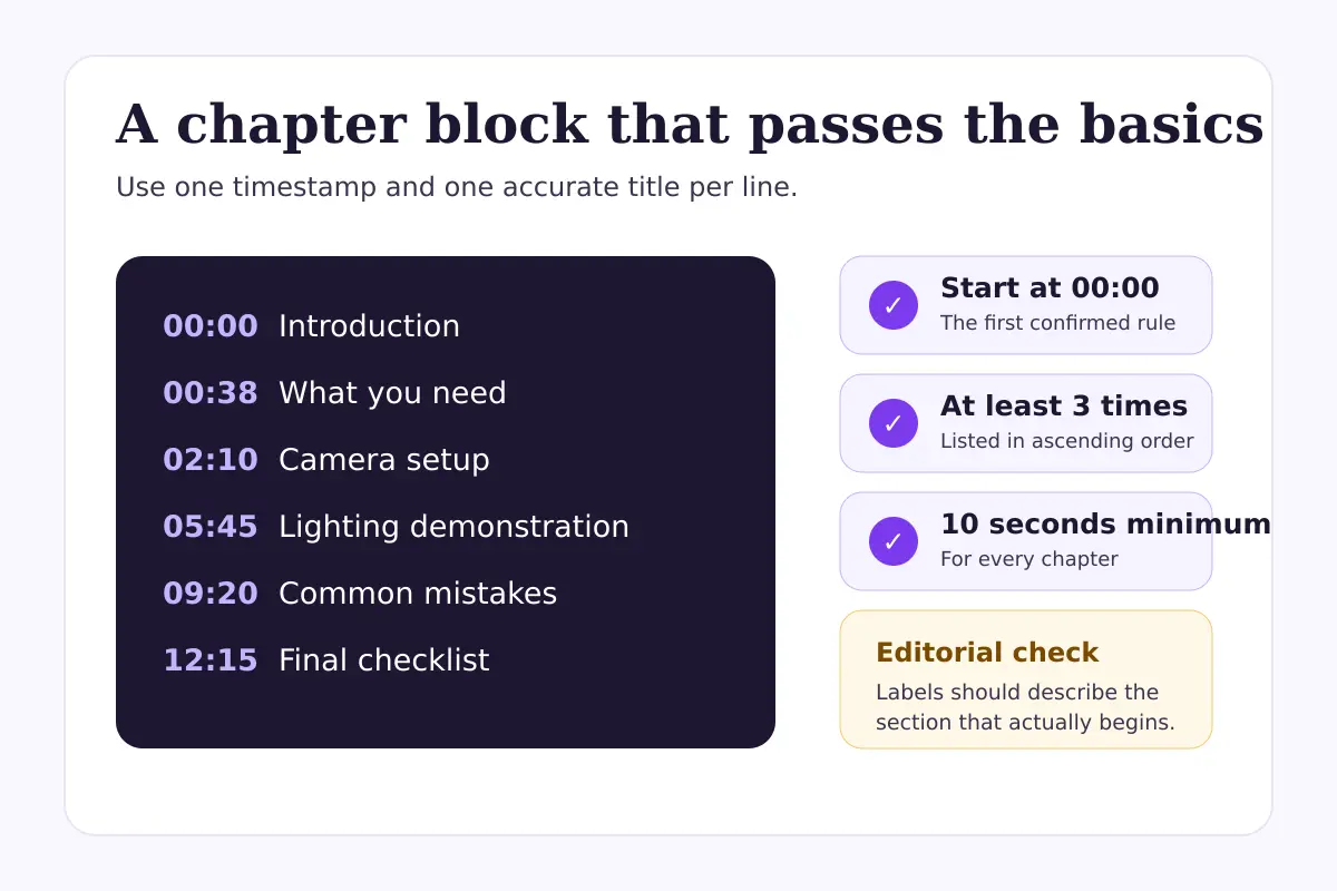 Annotated YouTube chapter timestamp template showing a valid 00:00 start, ascending order, clear titles, and sufficient spacing.