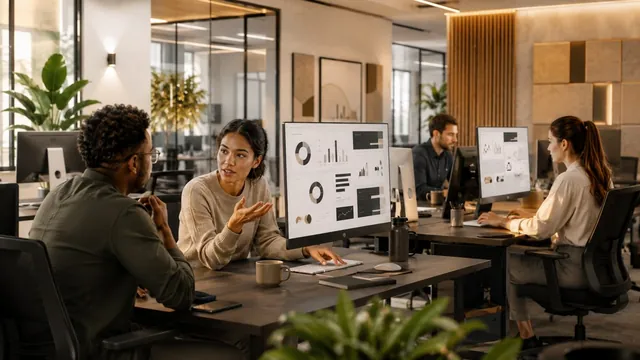An agency team working at desks with large monitors in a bright office